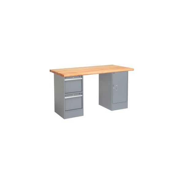 Global Equipment 60 x 30 Pedestal Workbench - 2 Drawers and Cabinet, Maple Square Edge - Gray 319021 - main